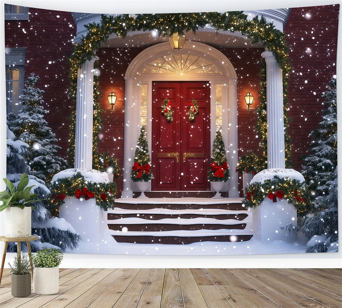 Christmas House Backdrop Snowy Grand Entrance Garland Photography Backdrop Christmas UK RR69-74