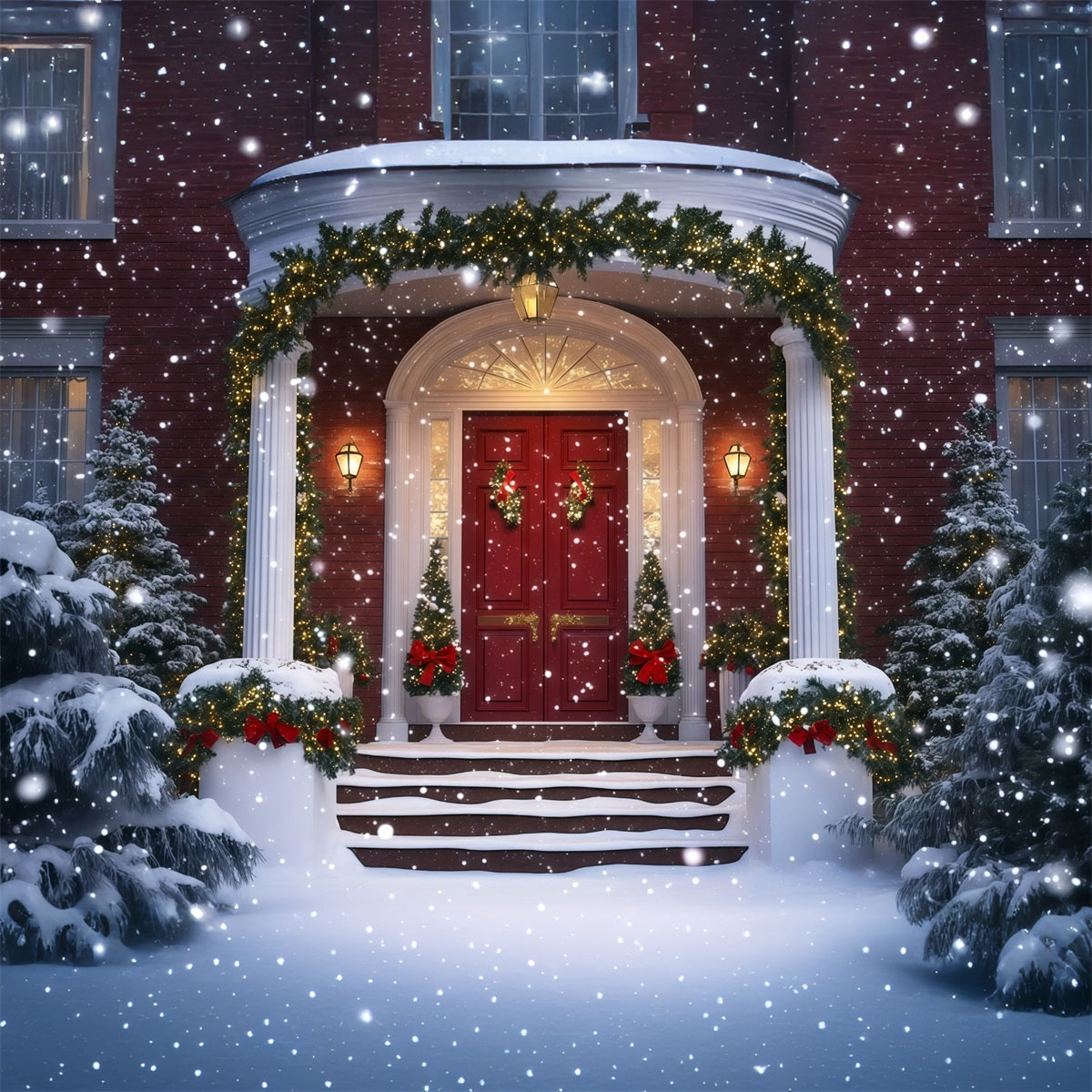 Christmas House Backdrop Snowy Grand Entrance Garland Photography Backdrop Christmas UK RR69-74