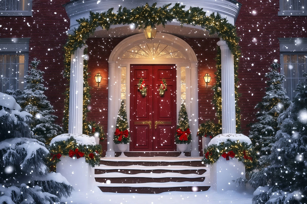Christmas House Backdrop Snowy Grand Entrance Garland Photography Backdrop Christmas UK RR69-74