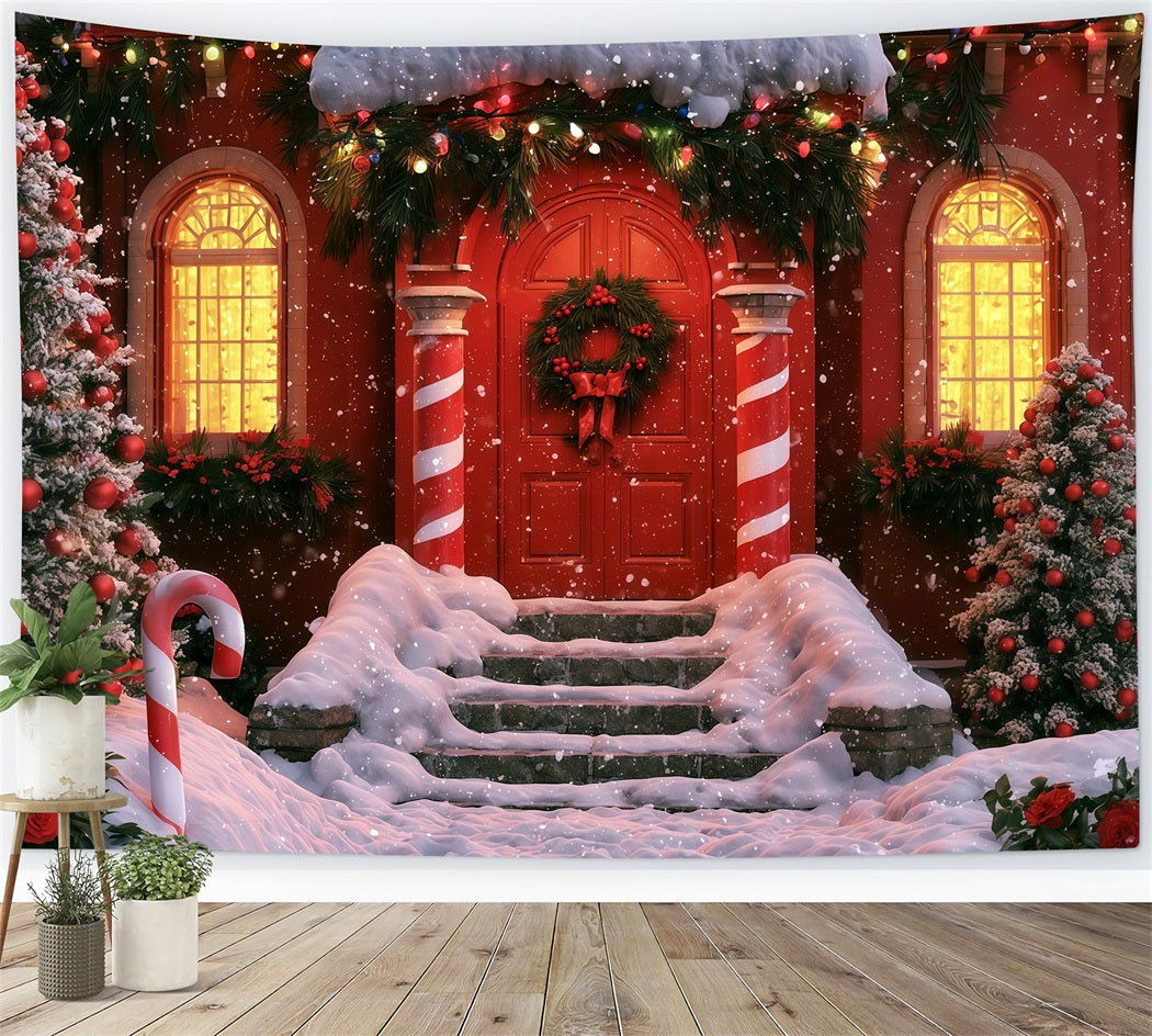 Winter Christmas Backdrop Candy Cane Red Door Entrance Indoor Christmas Backdrop UK RR69-75