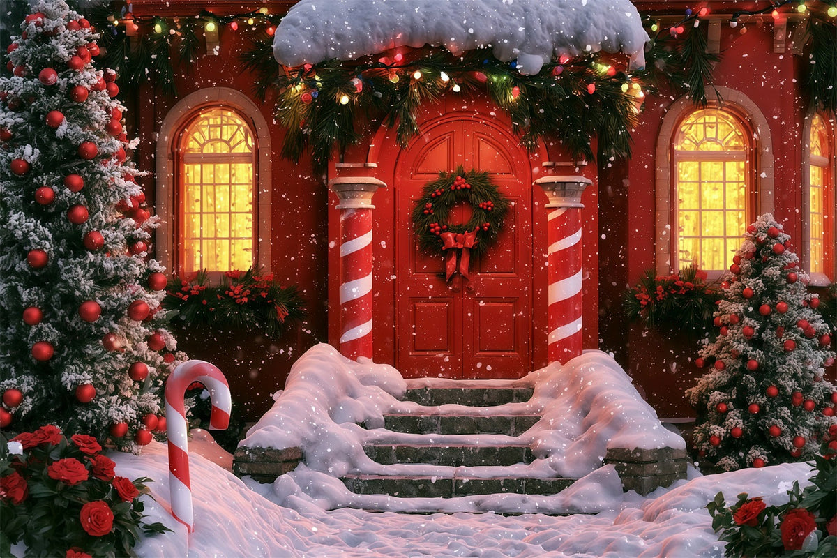 Winter Christmas Backdrop Candy Cane Red Door Entrance Indoor Christmas Backdrop UK RR69-75