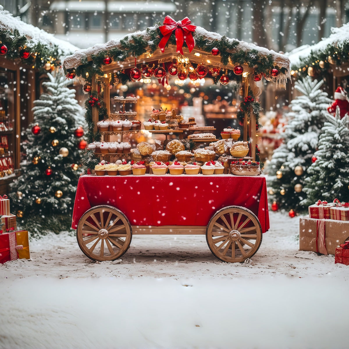 Snowy Christmas Backdrop Snow Dessert Cart Market Photo Christmas Backdrop UK RR69-77