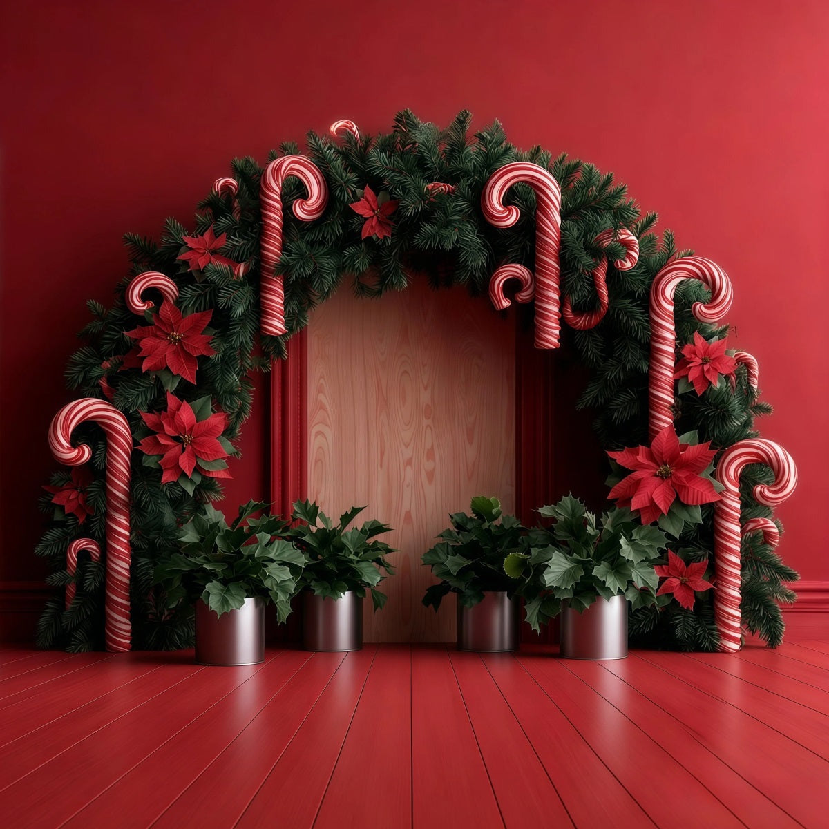 Candy Cane Christmas Backdrop Poinsettia Garland Archway Christmas Studio Backdrops UK RR69-79