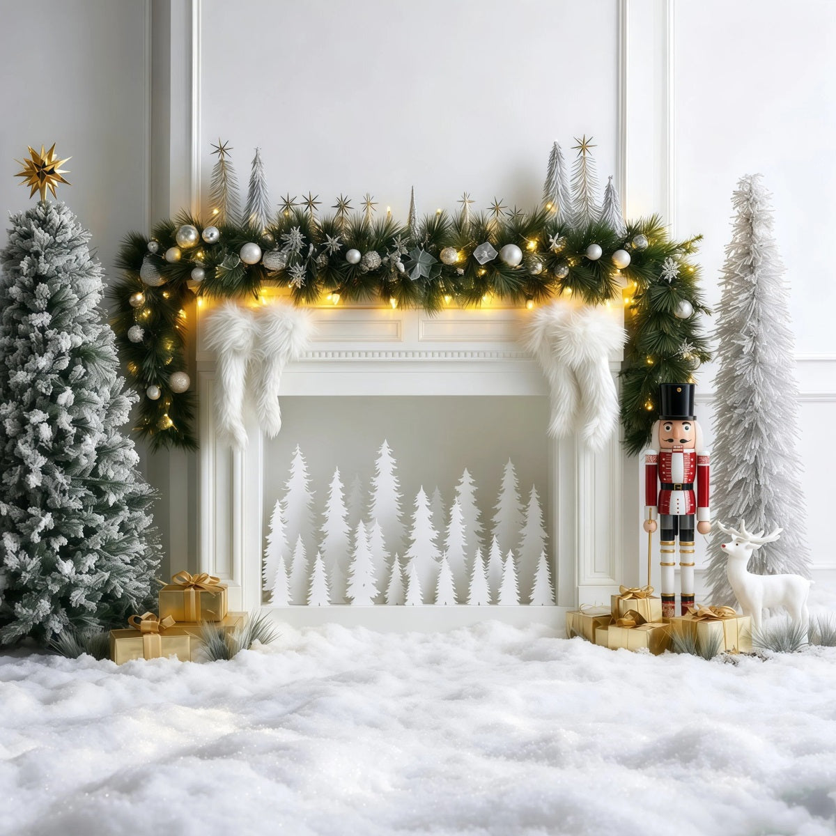 Elegant Christmas Backdrop Silver Frost Mantel Display Studio Christmas Backdrops UK RR69-81