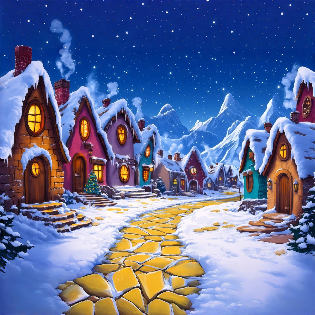 Christmas Village Backdrop Snowy Storybook Cottage Christmas Indoor Backdrop UK RR69-84