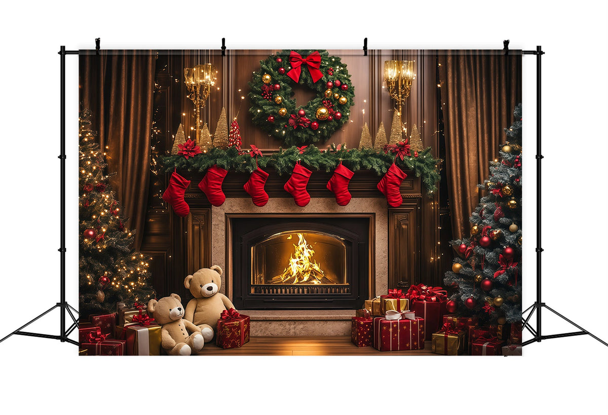 Cozy Christmas Backdrop Vintage Fireplace Stocking Indoor Christmas Backdrops UK RR69-85