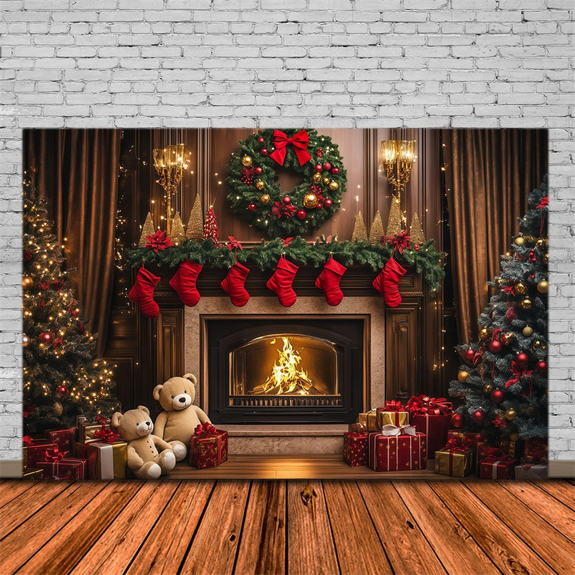 Cozy Christmas Backdrop Vintage Fireplace Stocking Indoor Christmas Backdrops UK RR69-85