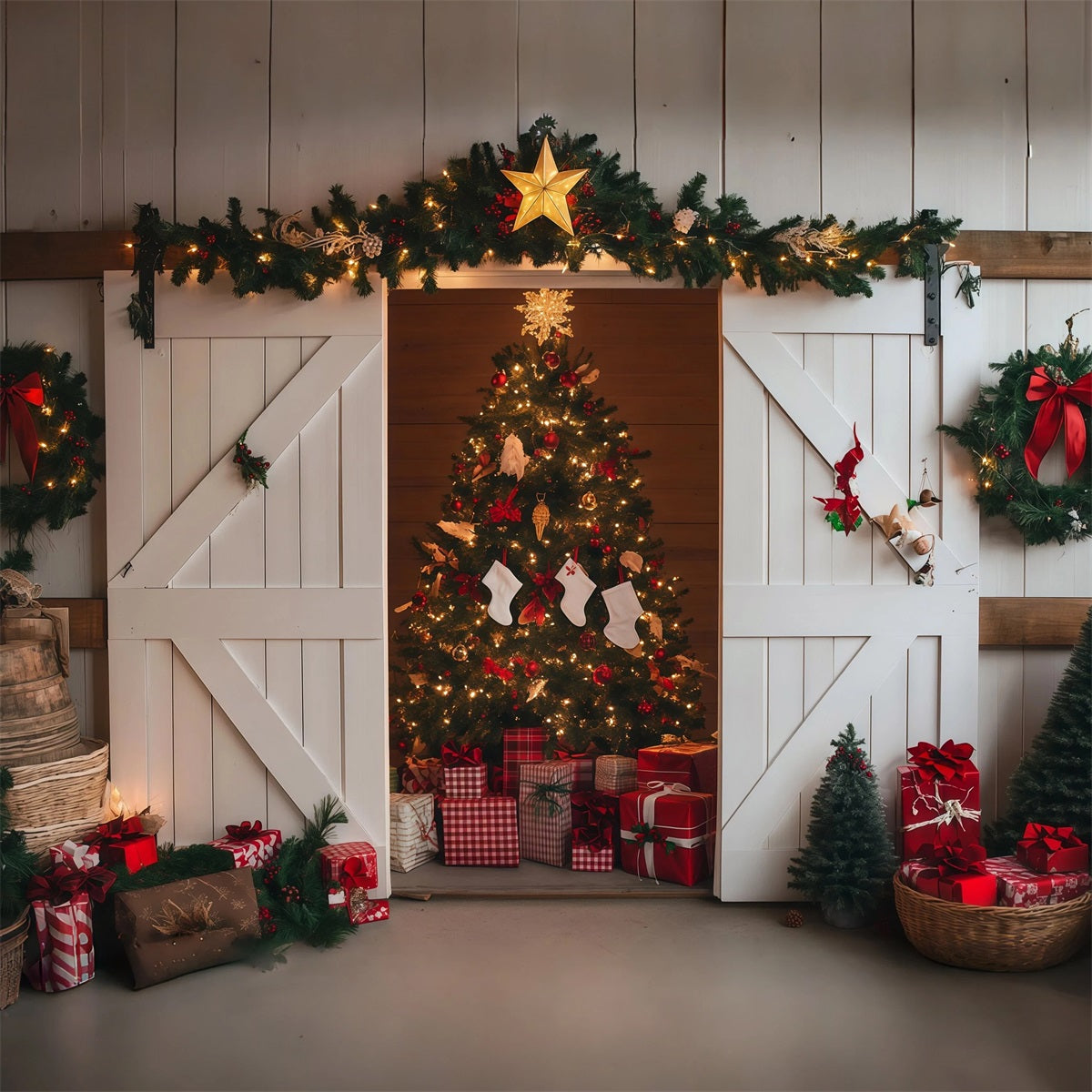 Christmas Barn Door Backdrop Rustic Barn Tree Display Professional Christmas Backdrop UK RR69-86