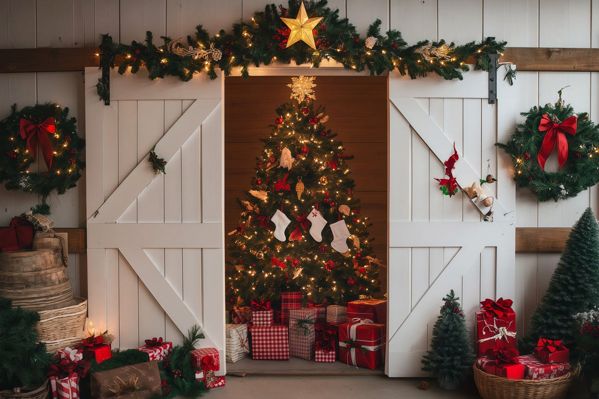 Christmas Barn Door Backdrop Rustic Barn Tree Display Professional Christmas Backdrop UK RR69-86