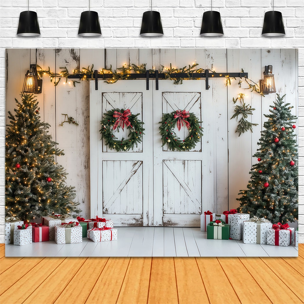 Christmas Barn Door Backdrop Rustic White Wooden Wall Wall Backdrop Christmas UK RR69-87
