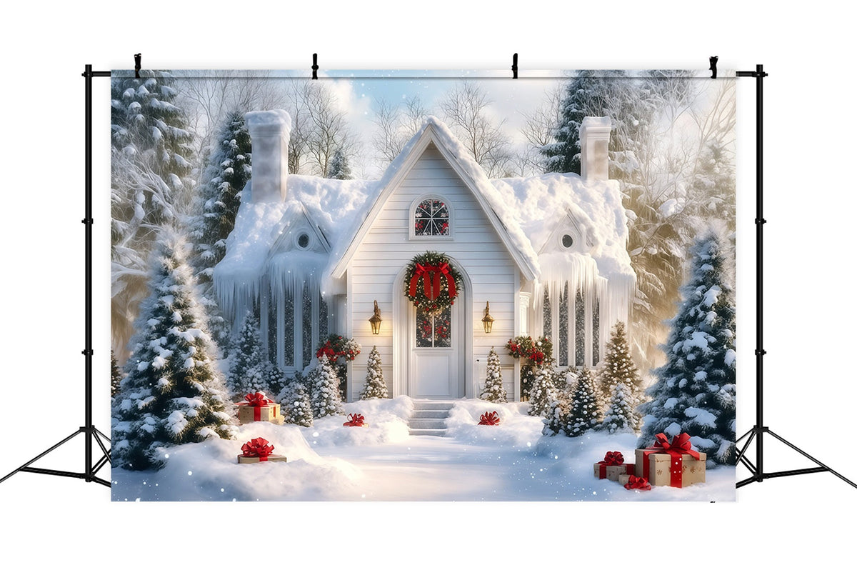 Snowy Christmas Backdrop Winter White Cottage Porch Muslin Christmas Backdrop UK RR69-88