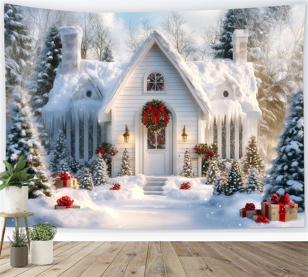 Snowy Christmas Backdrop Winter White Cottage Porch Muslin Christmas Backdrop UK RR69-88