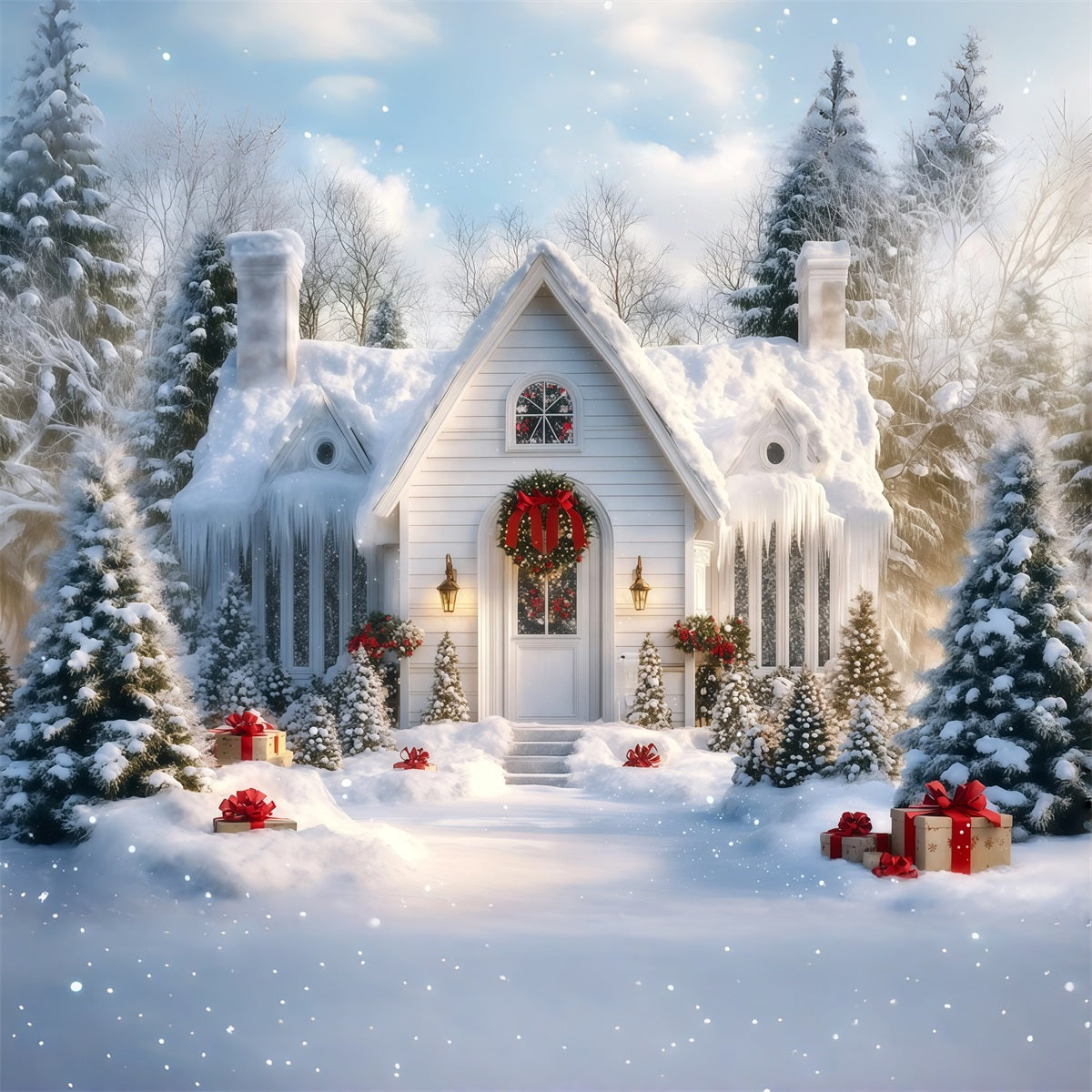 Snowy Christmas Backdrop Winter White Cottage Porch Muslin Christmas Backdrop UK RR69-88