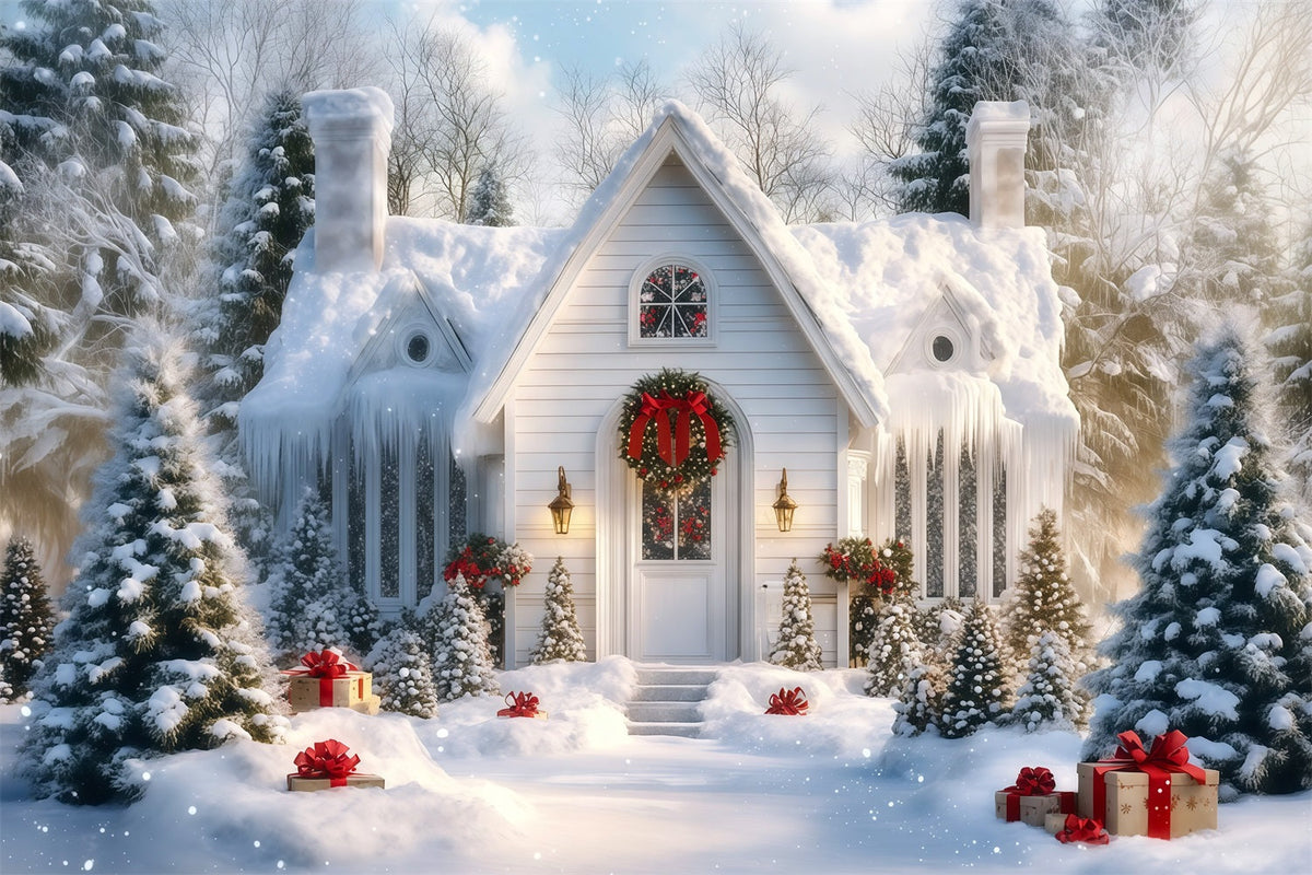 Snowy Christmas Backdrop Winter White Cottage Porch Muslin Christmas Backdrop UK RR69-88