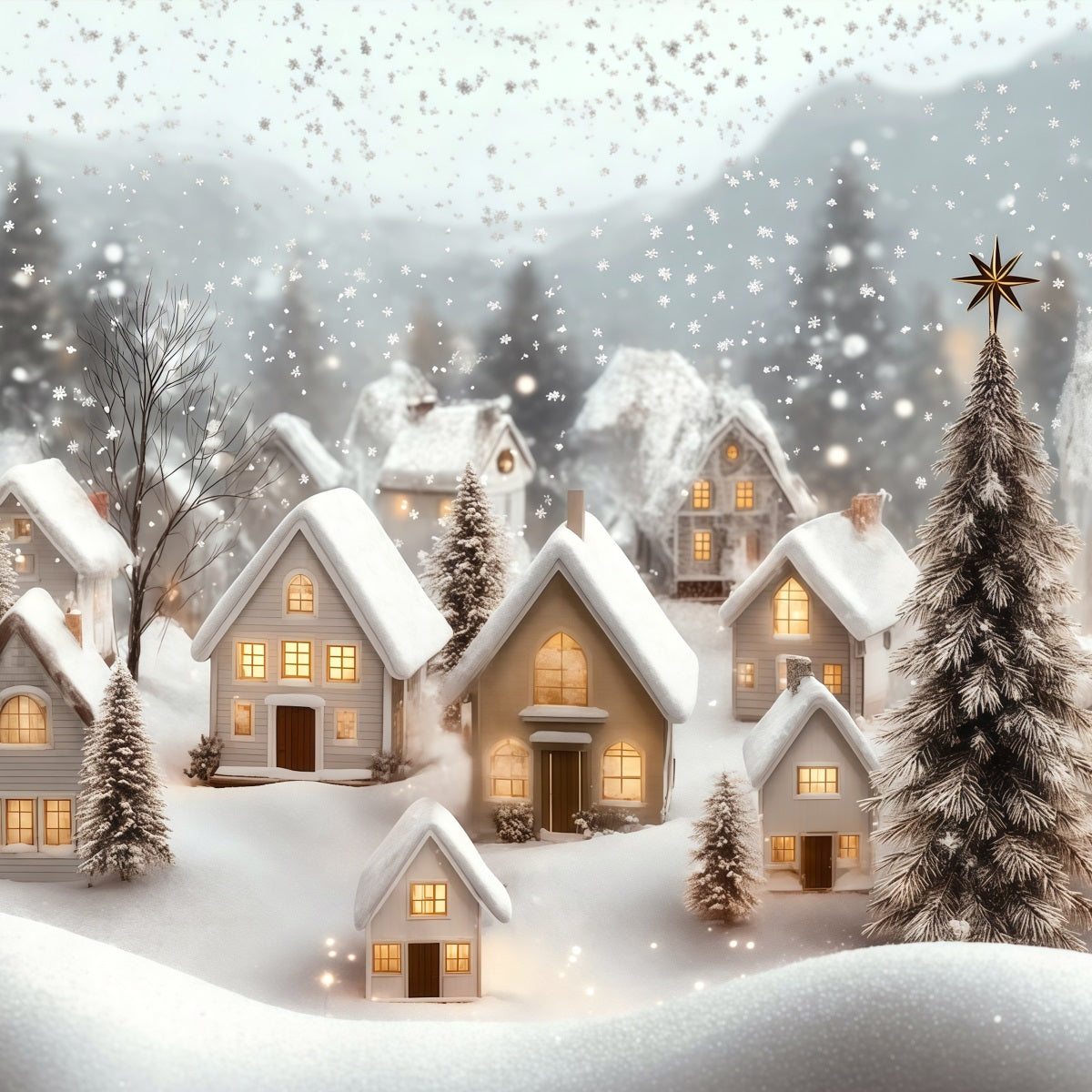 Winter Christmas Backdrop Village Snowfall Glow Muslin Backdrop Christmas UK RR69-89