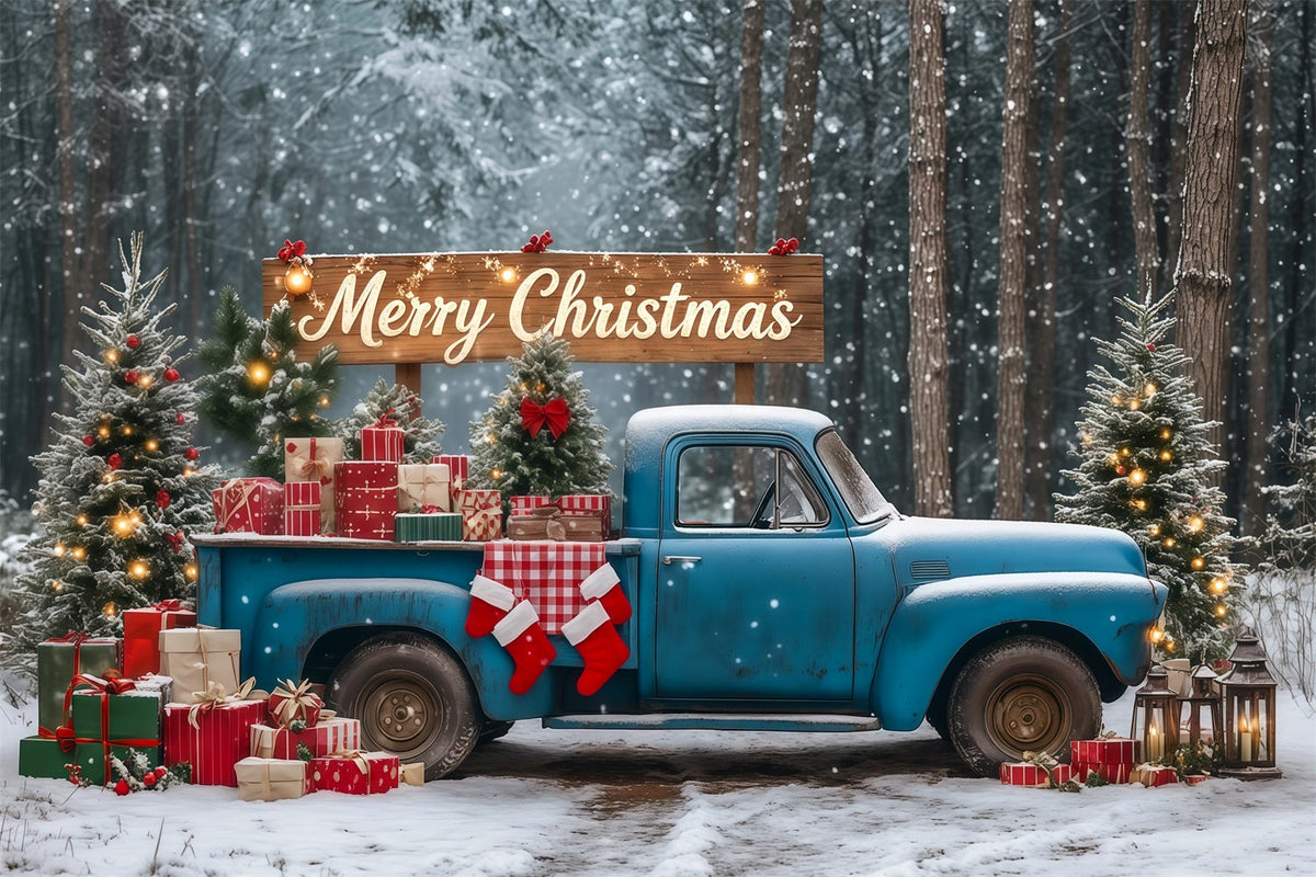 Christmas Forest Backdrop Blue Vintage Gift Truck Photographic Backdrops Christmas UK RR69-90