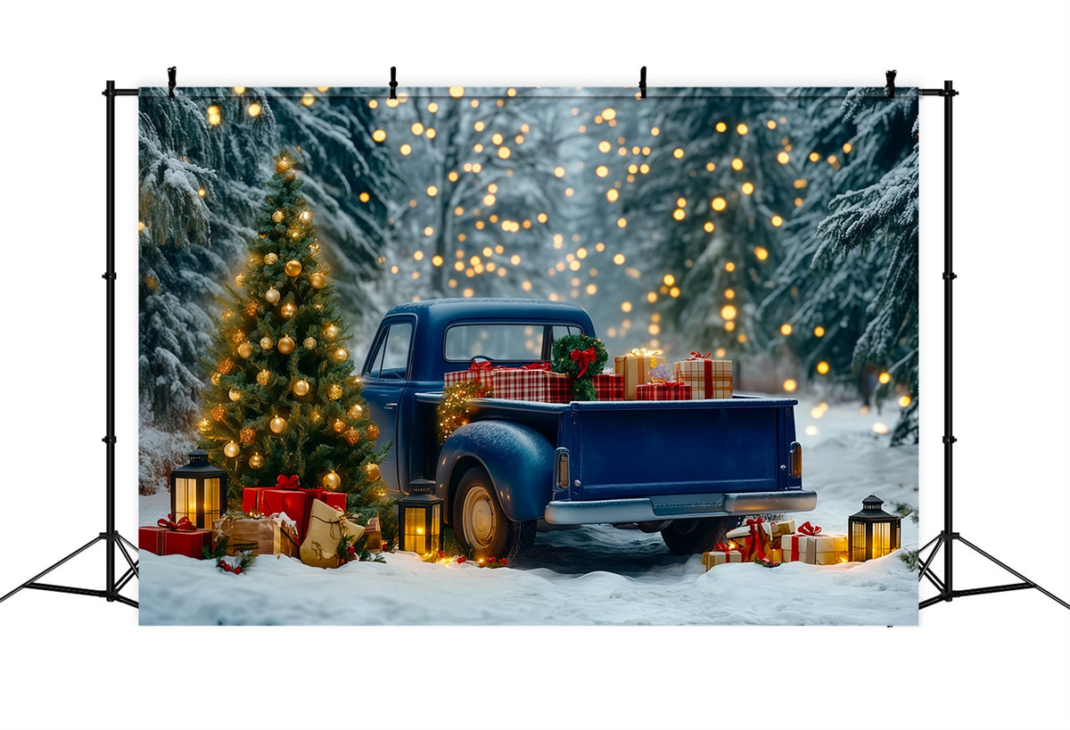 Christmas Truck Backdrop Blue Pickup Forest Lights Christmas Muslin Backdrops UK RR69-91