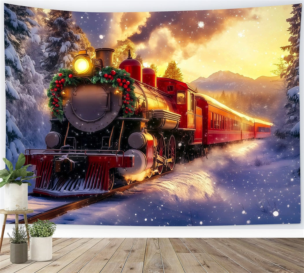 Christmas Train Backdrop Golden Sunset Mountain Train Christmas Photo Backdrop UK RR69-94