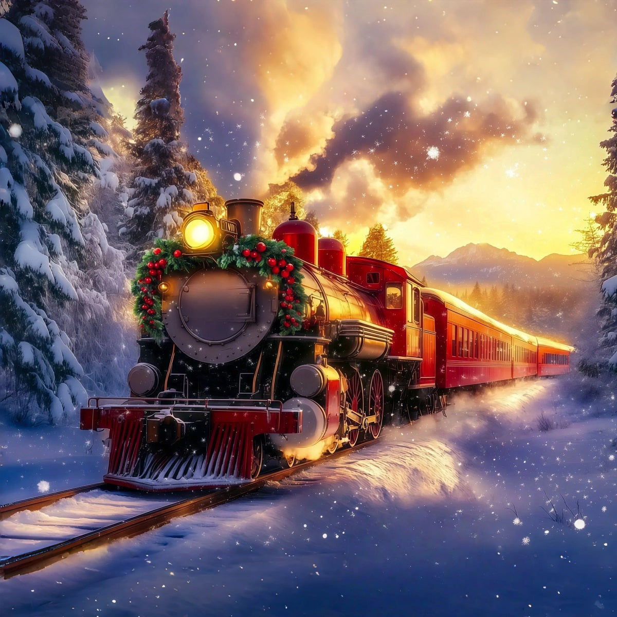 Christmas Train Backdrop Golden Sunset Mountain Train Christmas Photo Backdrop UK RR69-94