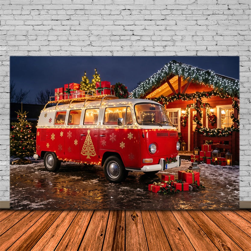 Christmas Camper Photography Backdrop Red Van Cozy Cabin Christmas Photo Backdrops UK RR69-95