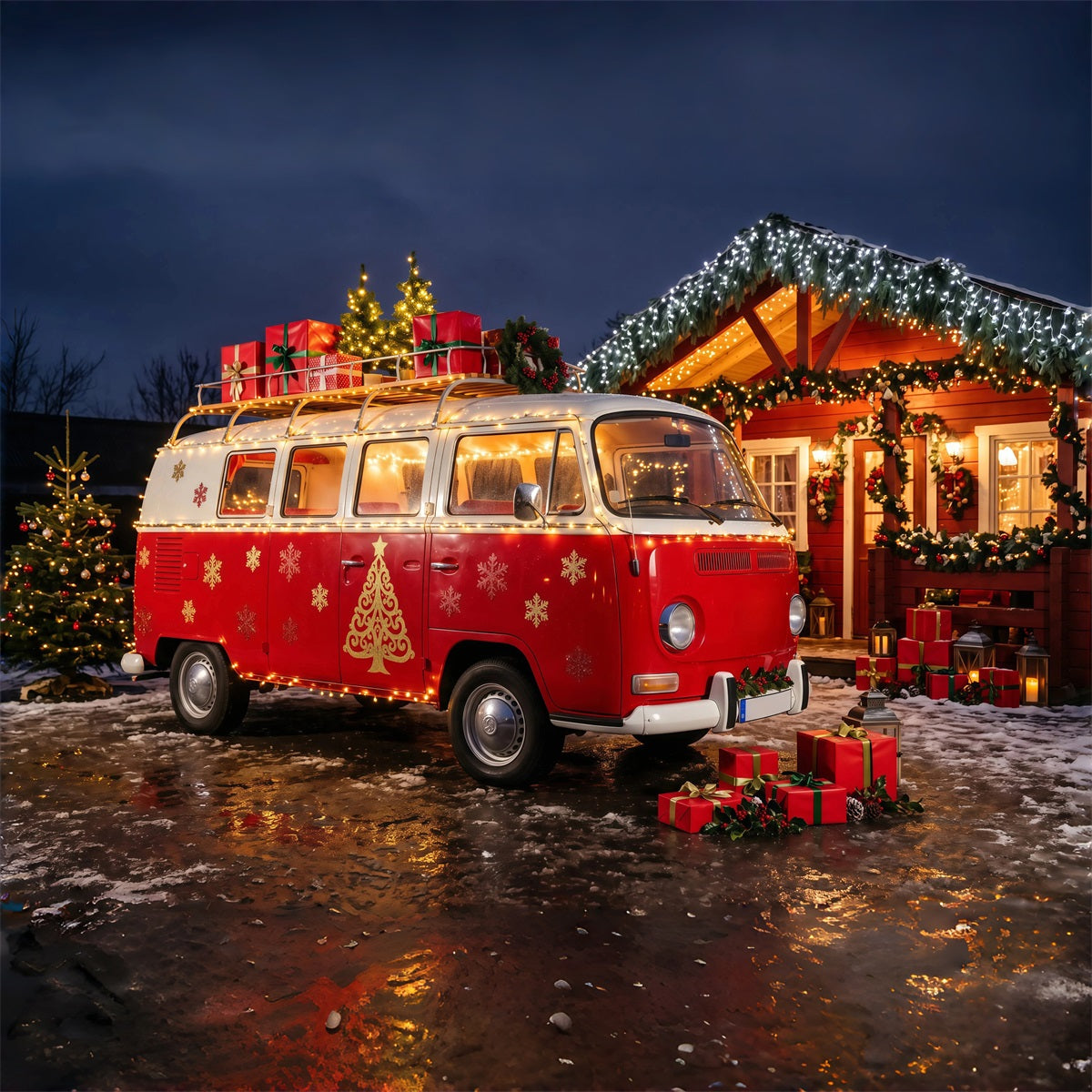 Christmas Camper Photography Backdrop Red Van Cozy Cabin Christmas Photo Backdrops UK RR69-95