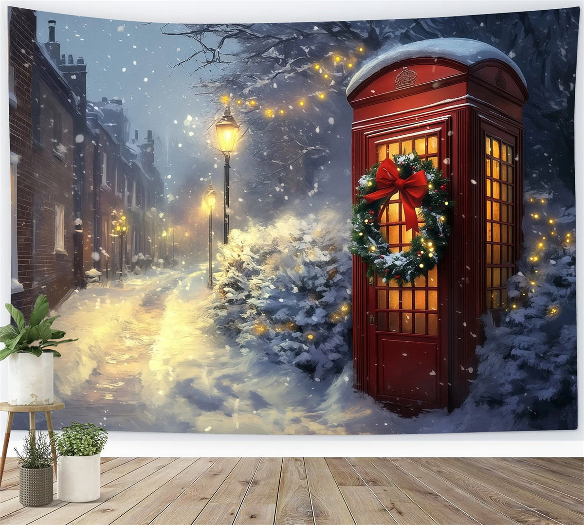 Winter Christmas Backdrop Snowy Red Telephone Booth Backdrop Christmas UK RR69-96