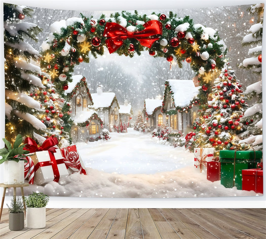 Christmas Village Backdrop Snowy House Garland Arch Professional Christmas Backdrops UK RR69-98