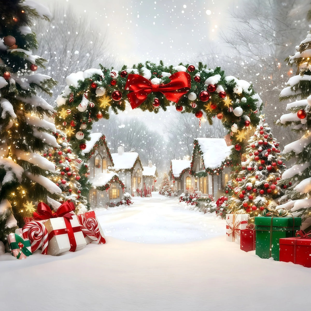 Christmas Village Backdrop Snowy House Garland Arch Professional Christmas Backdrops UK RR69-98