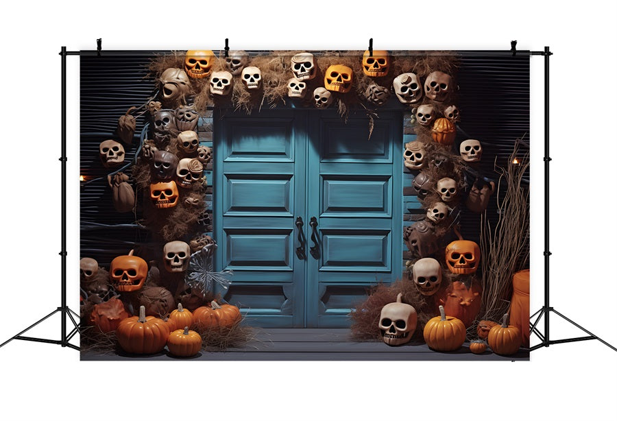 Halloween Skull Pumpkin Lantern Blue Door Backdrop UK RR7-343