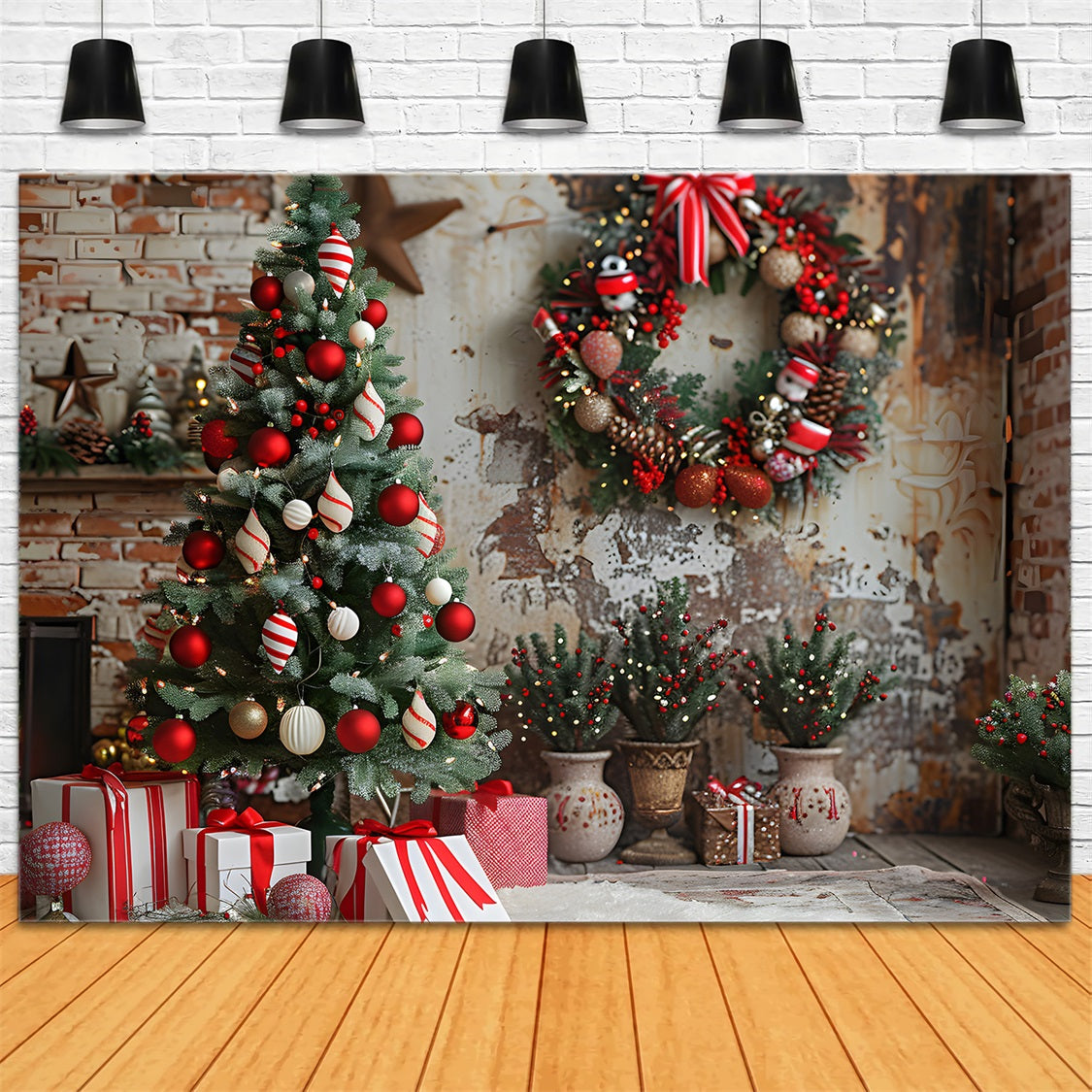Christmas Cozy Brick Wall Rustic Ornaments Backdrop UK RR7-678