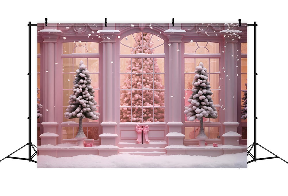 Pink Christmas Tree House Window Backdrop UK RR7-762