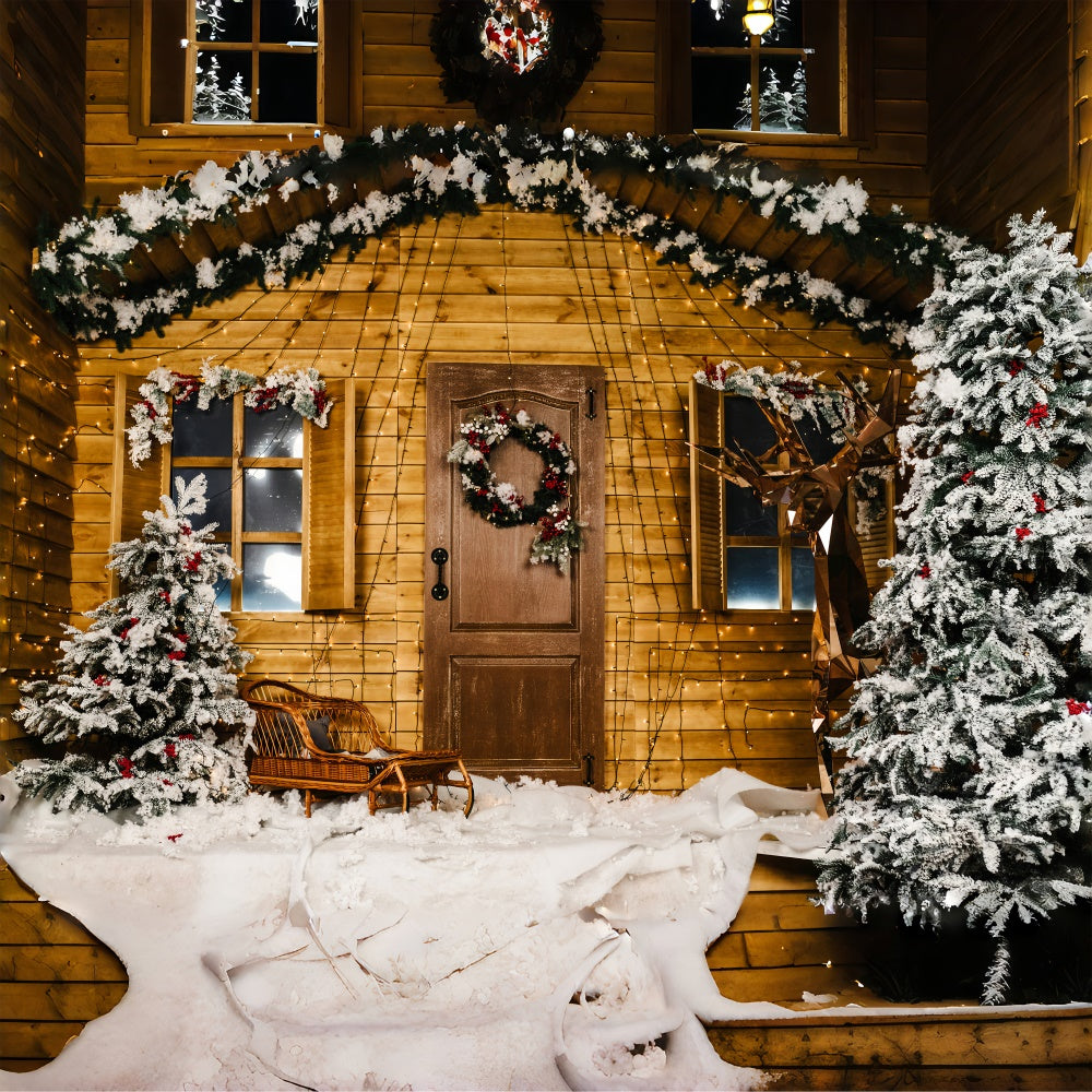 Snow Christmas Tree Wooden House Backdrop UK RR7-826