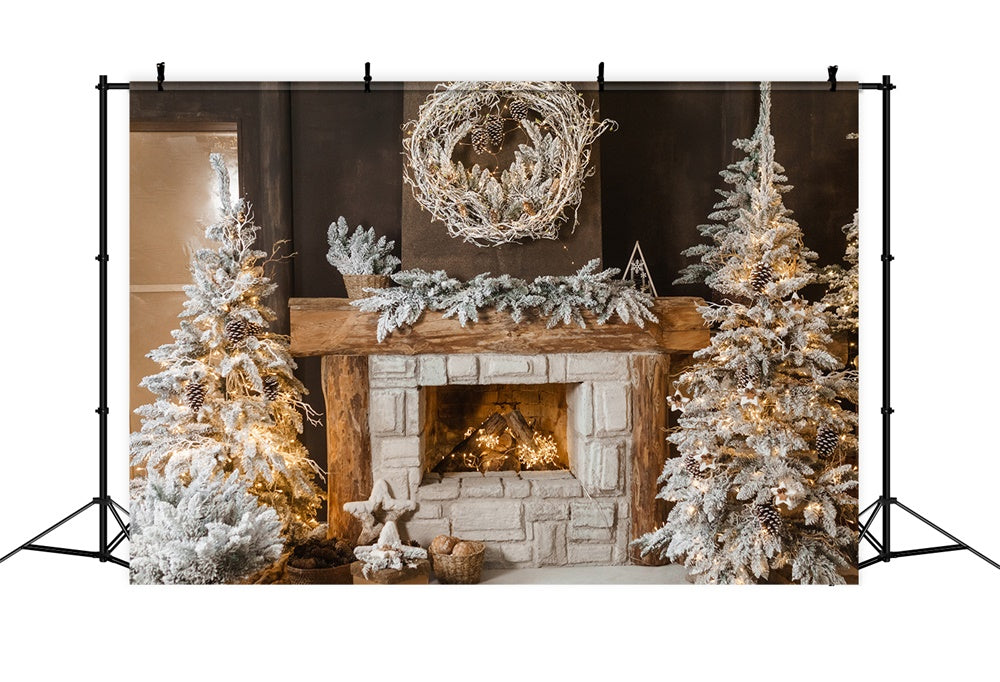 Christmas Tree Cozy Fireplace Wreath Backdrop UK RR7-827