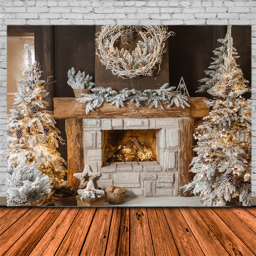 Christmas Tree Cozy Fireplace Wreath Backdrop UK RR7-827