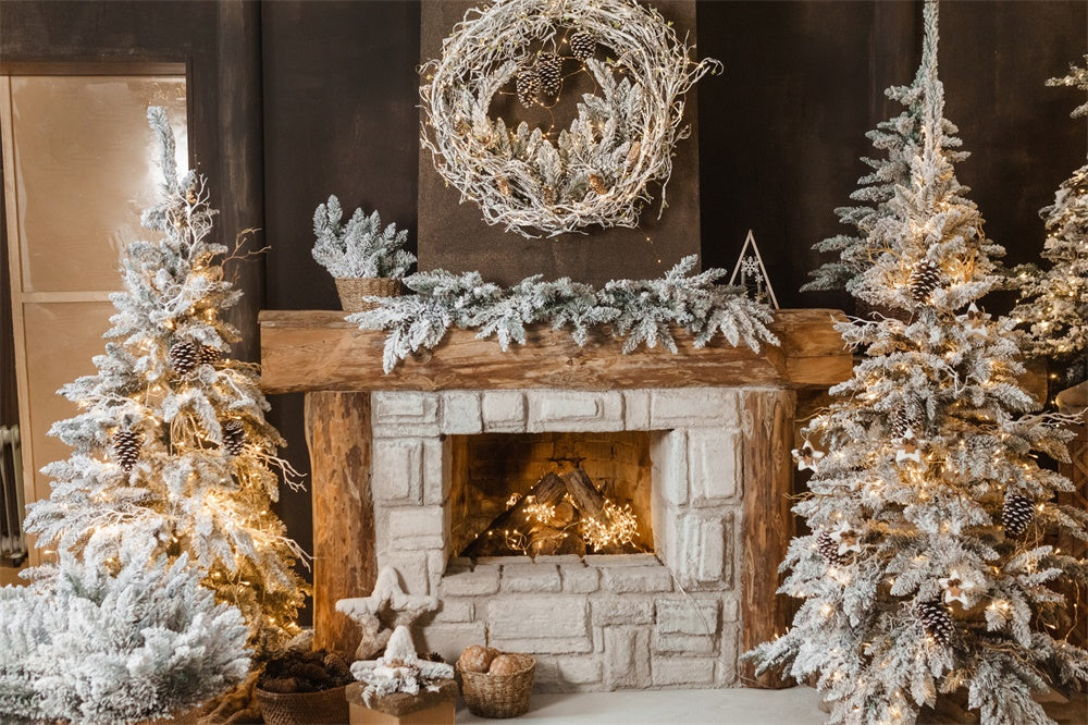 Christmas Tree Cozy Fireplace Wreath Backdrop UK RR7-827