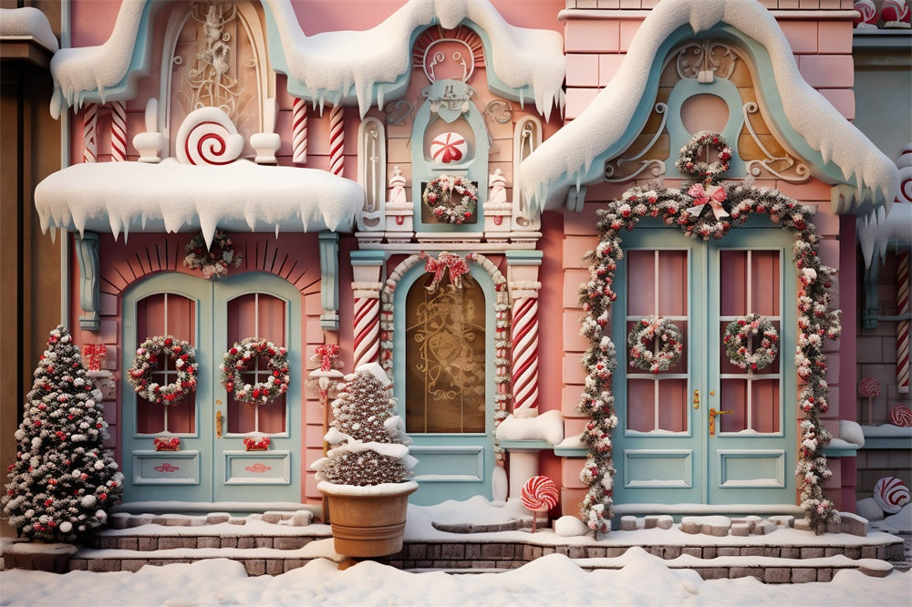 Christmas Trees Snow Candy House Backdrop UK RR7-840