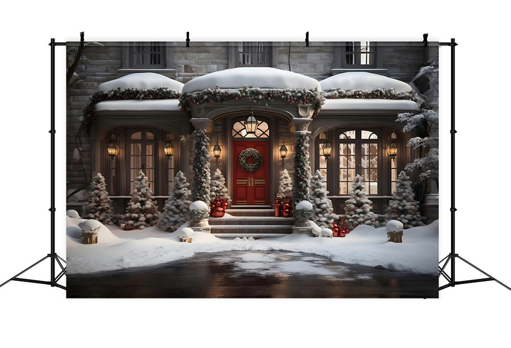 Christmas Tress Night Snowy House Backdrop UK RR7-847