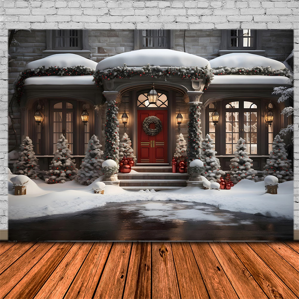 Christmas Tress Night Snowy House Backdrop UK RR7-847