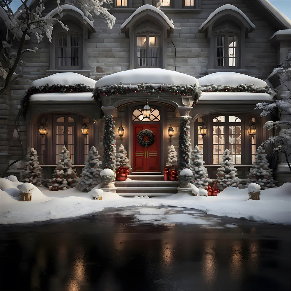 Christmas Tress Night Snowy House Backdrop UK RR7-847