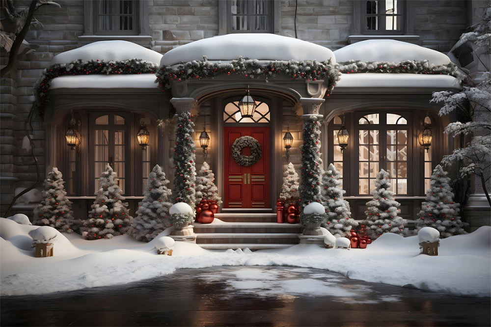 Christmas Tress Night Snowy House Backdrop UK RR7-847
