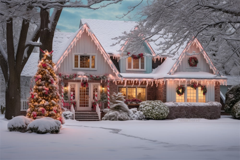 Snow Wonderland Christmas Tree House Backdrop UK RR7-868