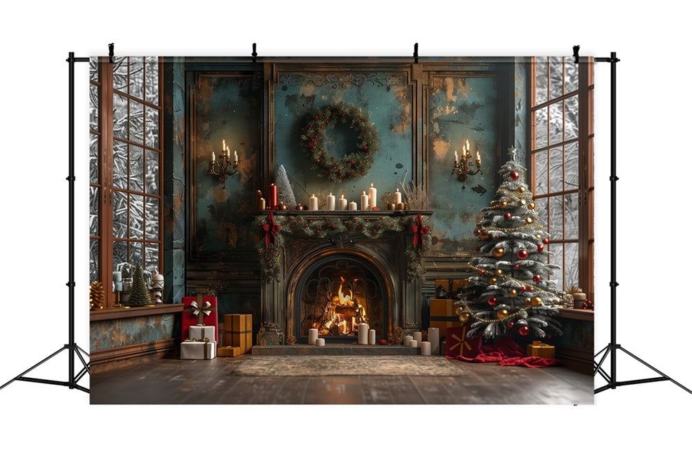 Christmas Vintage Cozy Fireplace Tree Backdrop UK RR8-169