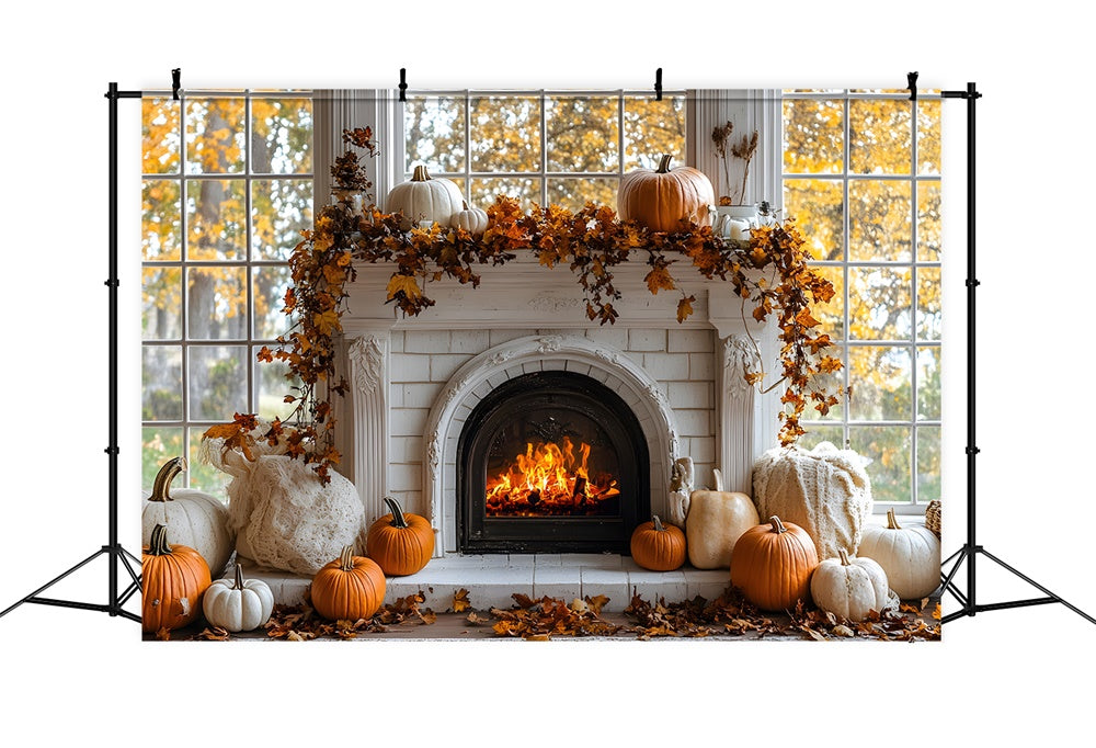 Autumn Pumpkins Burning Fireplace Backdrop UK RR8-319