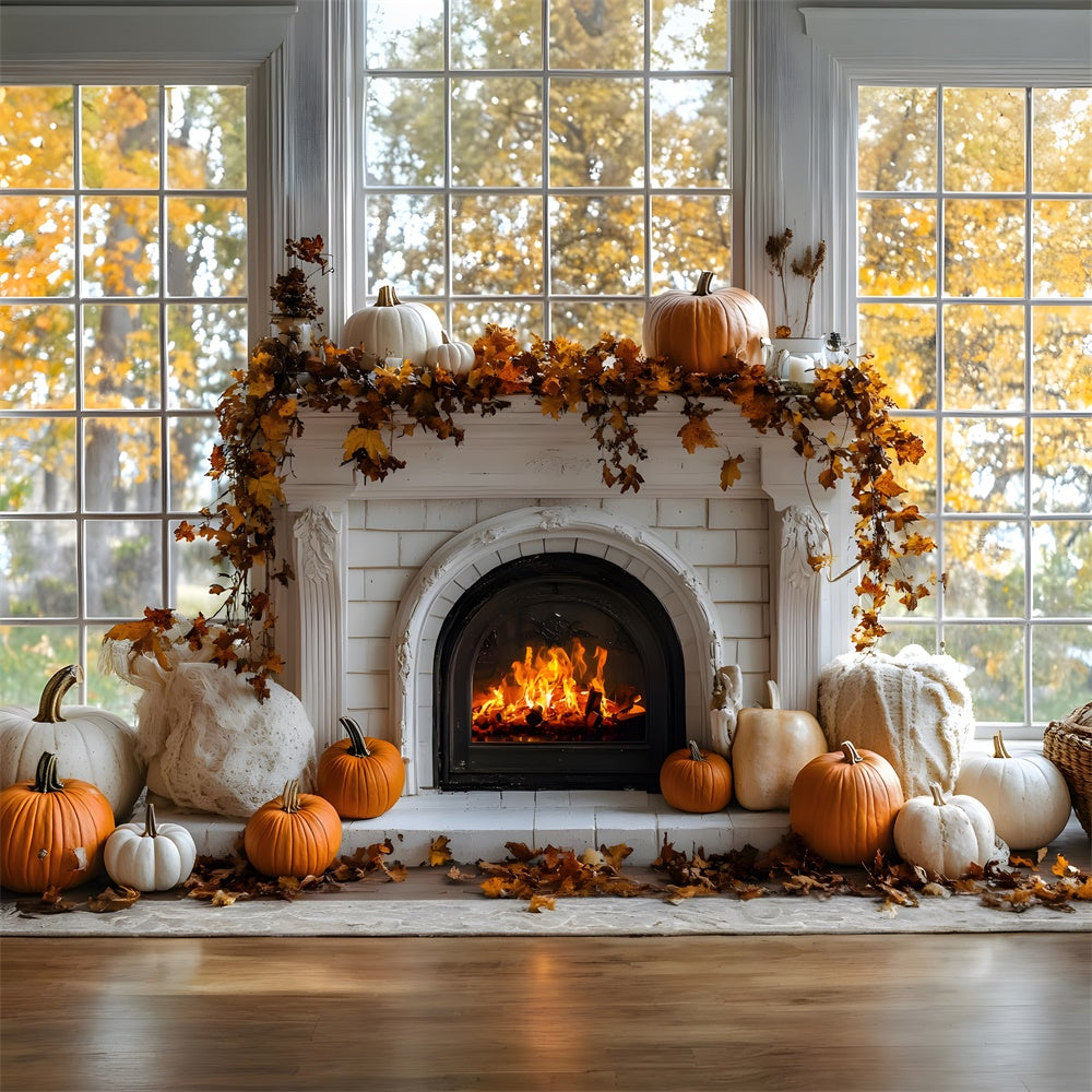 Autumn Pumpkins Burning Fireplace Backdrop UK RR8-319