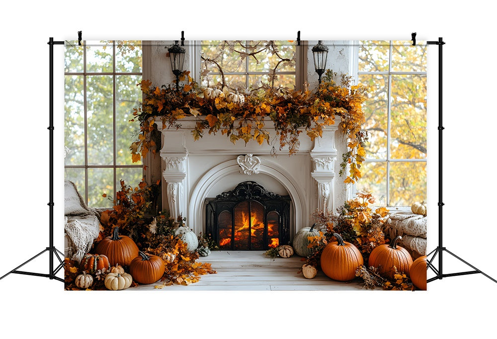 Autumn Dried Leaves Fireplace Pumpkin Backdrop UK RR8-320