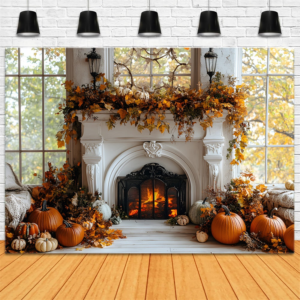 Autumn Dried Leaves Fireplace Pumpkin Backdrop UK RR8-320