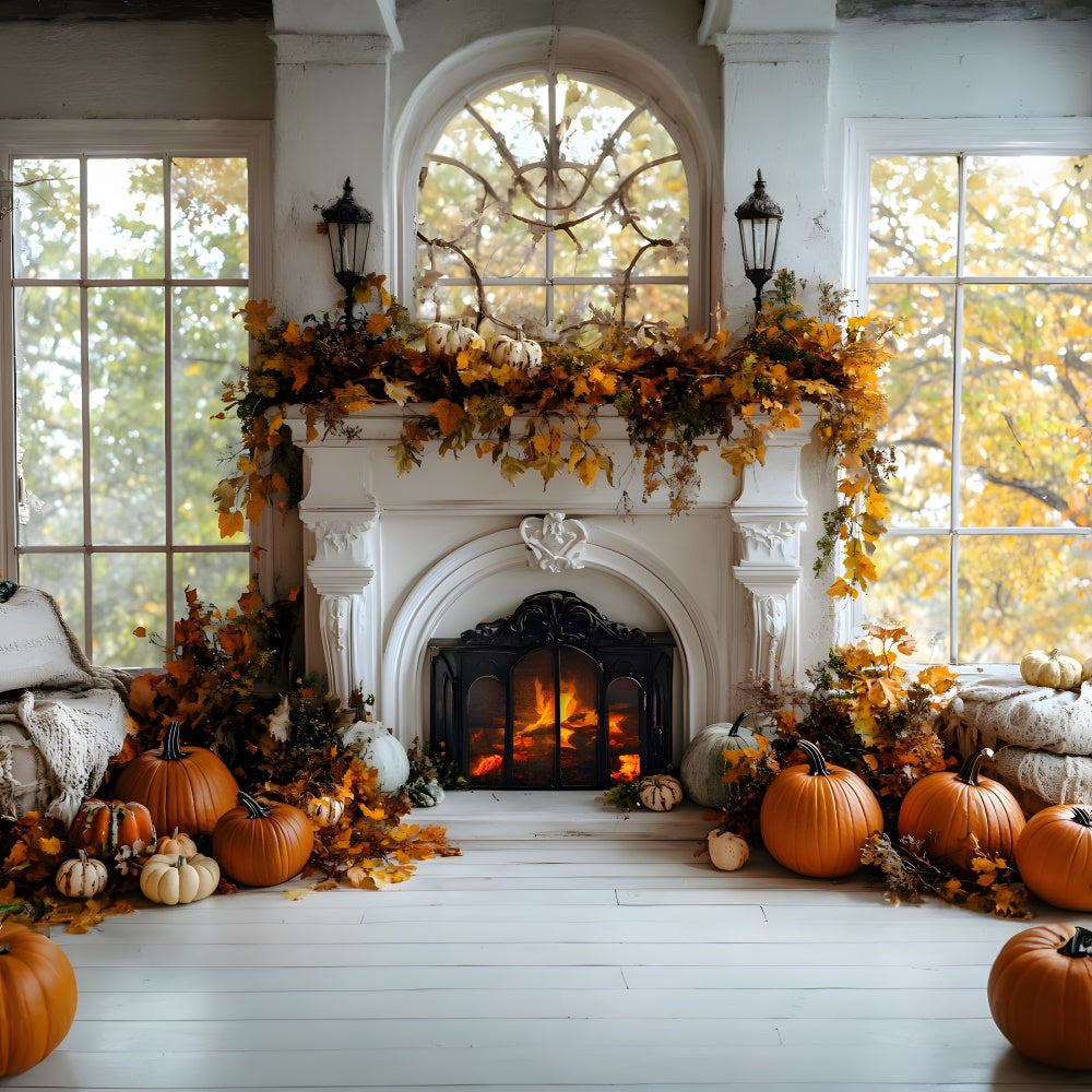 Autumn Dried Leaves Fireplace Pumpkin Backdrop UK RR8-320