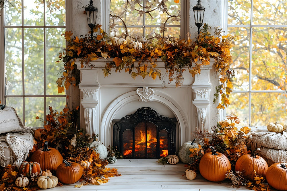 Autumn Dried Leaves Fireplace Pumpkin Backdrop UK RR8-320