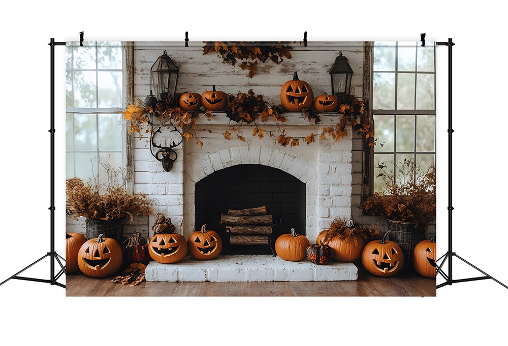 Autumn Brick Fireplace Pumpkins Backdrop UK RR8-322