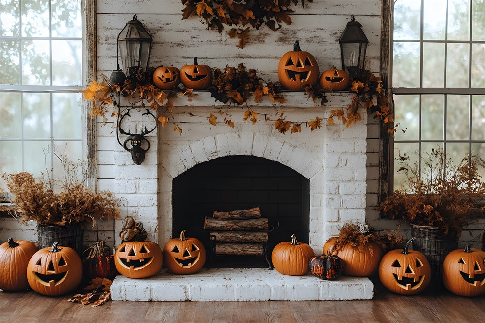 Autumn Brick Fireplace Pumpkins Backdrop UK RR8-322